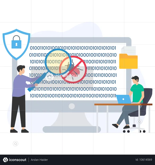 Man find buy using magnifying glass while Solving Error  Illustration