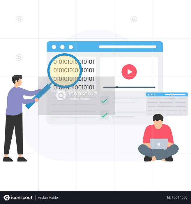 온라인 강의를 듣는 동안 바이너리 코드를 찾는 남자  일러스트레이션