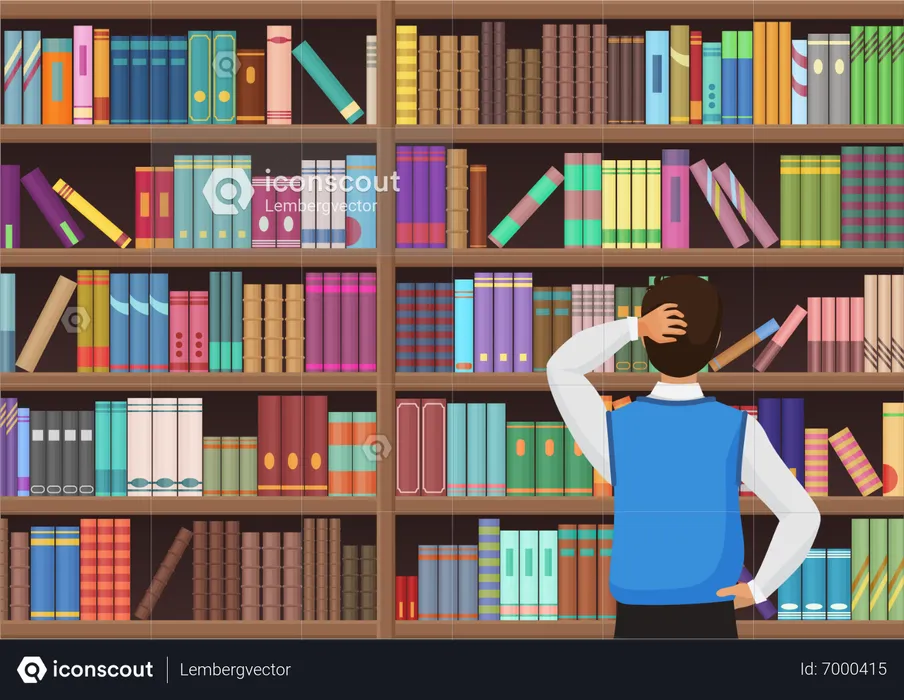 Man finding book in library  Illustration