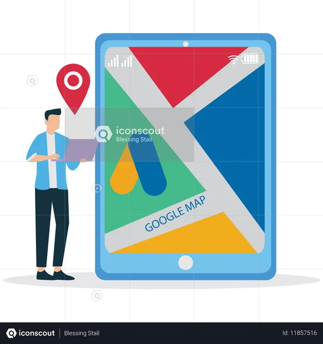 Man finding google location on laptop  Illustration