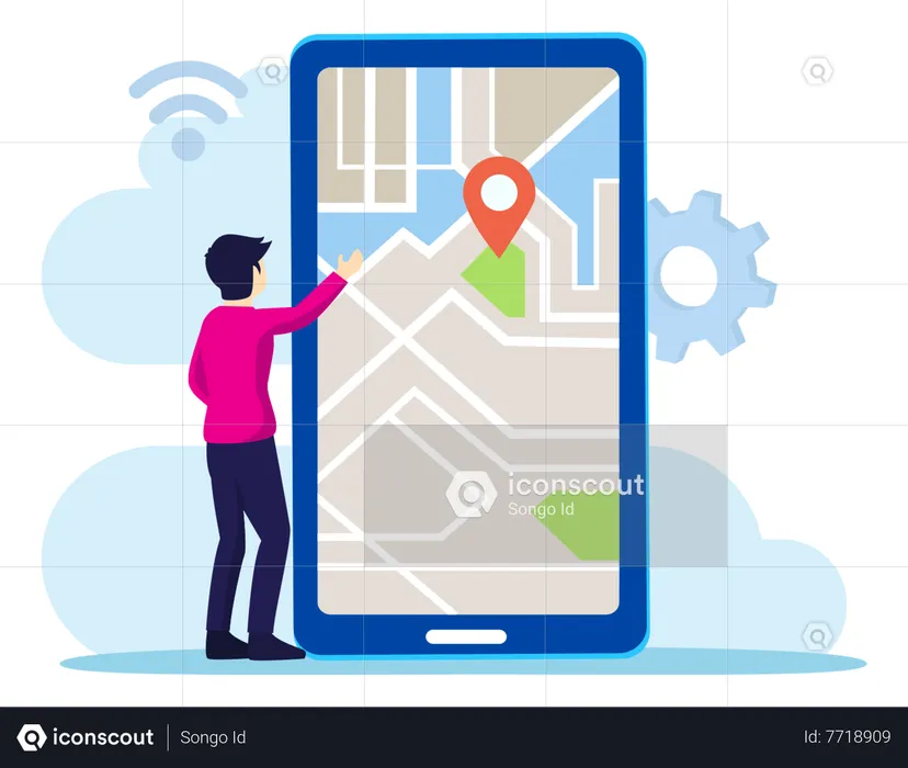 Man finding navigation through mobile map  Illustration