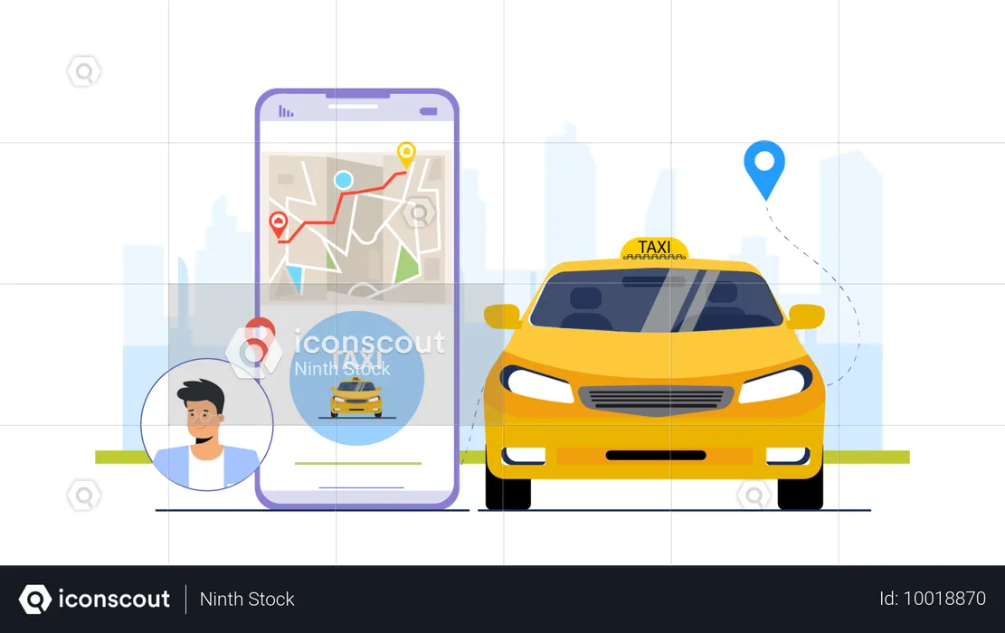 オンラインでタクシーを探す男性  イラスト