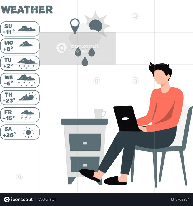 ノートパソコンで天気予報の場所を検索する男性  イラスト