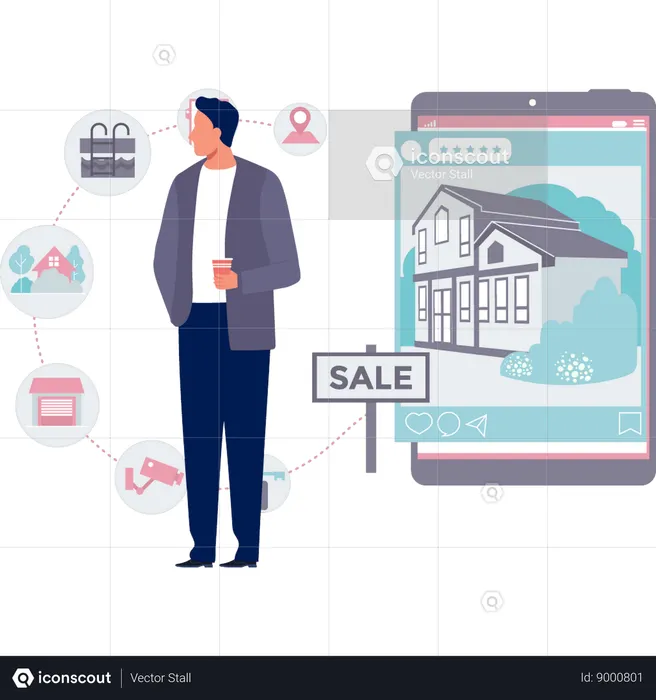 Man finds new home on phone  Illustration
