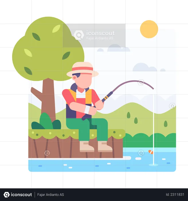 Best Man fishing at the pond Illustration download in PNG & Vector format