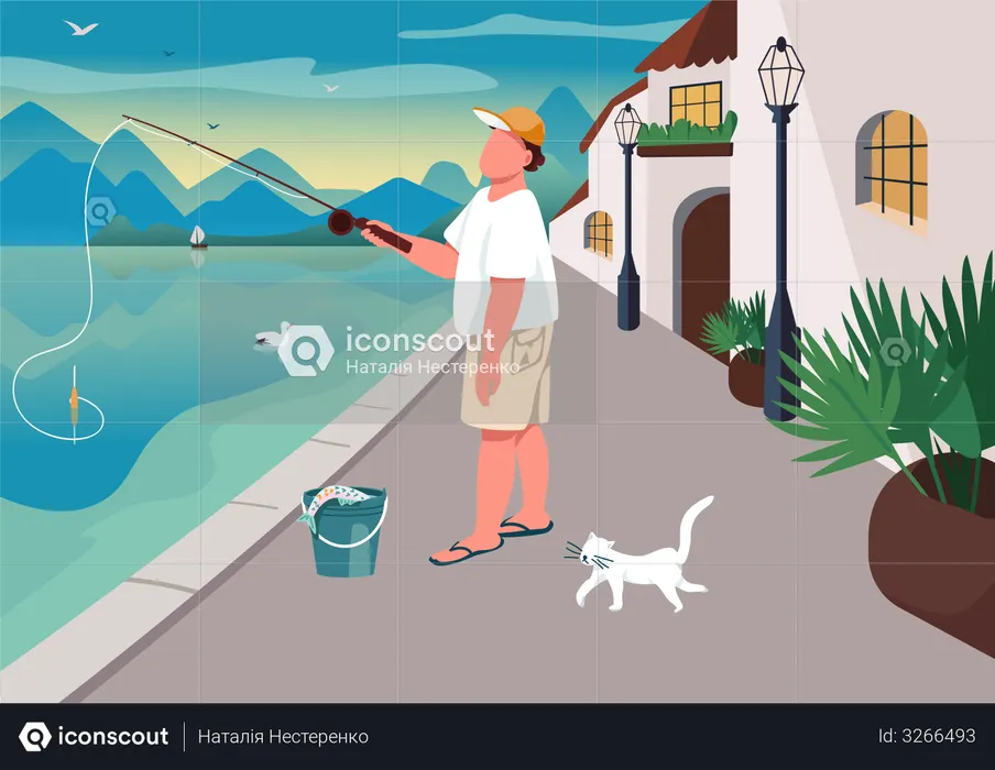 Man fishing at waterfront area  Illustration