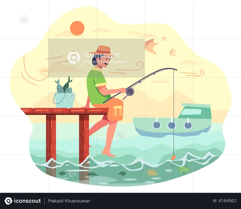 Man Fishing in sea  Illustration