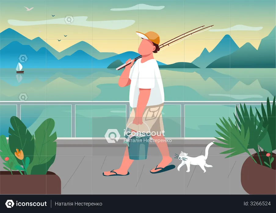 Man fishing rod at waterfront area  Illustration