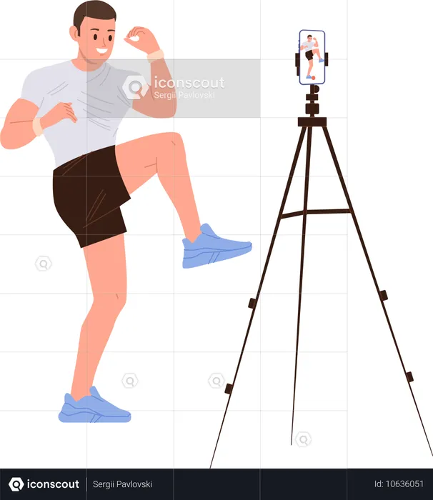 Man fitness trainer streaming video cardio workout on internet via smartphone  Illustration