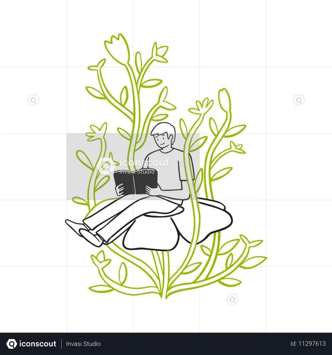 Man floating on surreal plants while reading  Illustration