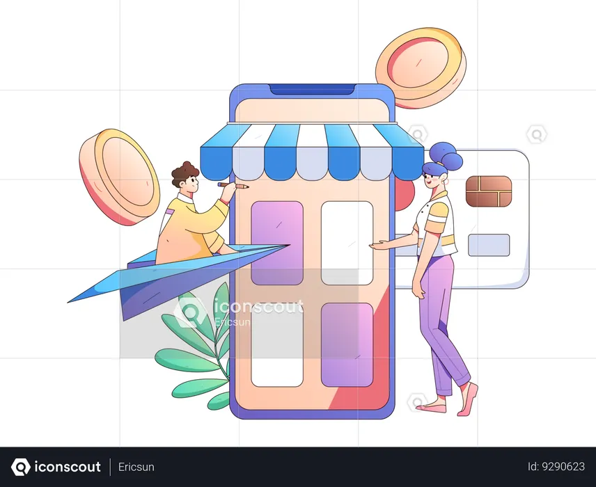 Man flying on paper plane while girl doing mobile payment for shopping  Illustration