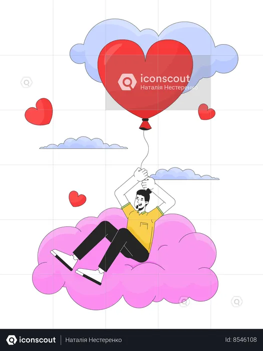 Man flying with balloon in clouds  Illustration