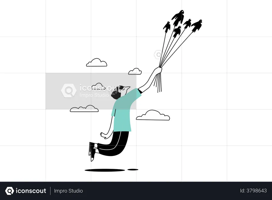 Man flying with birds  Illustration