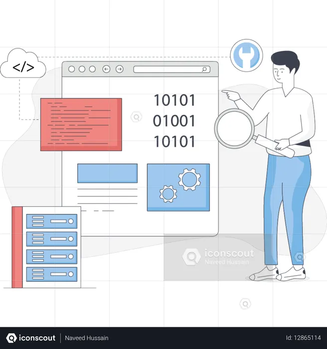 Man focused on a computer screen displaying lines of code indicating programming or software development work  Illustration
