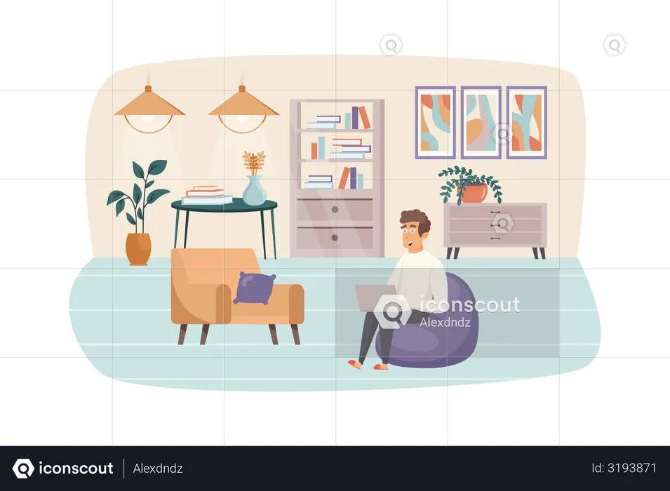 Man freelancer working at laptop, sitting in bag chair at home office  Illustration