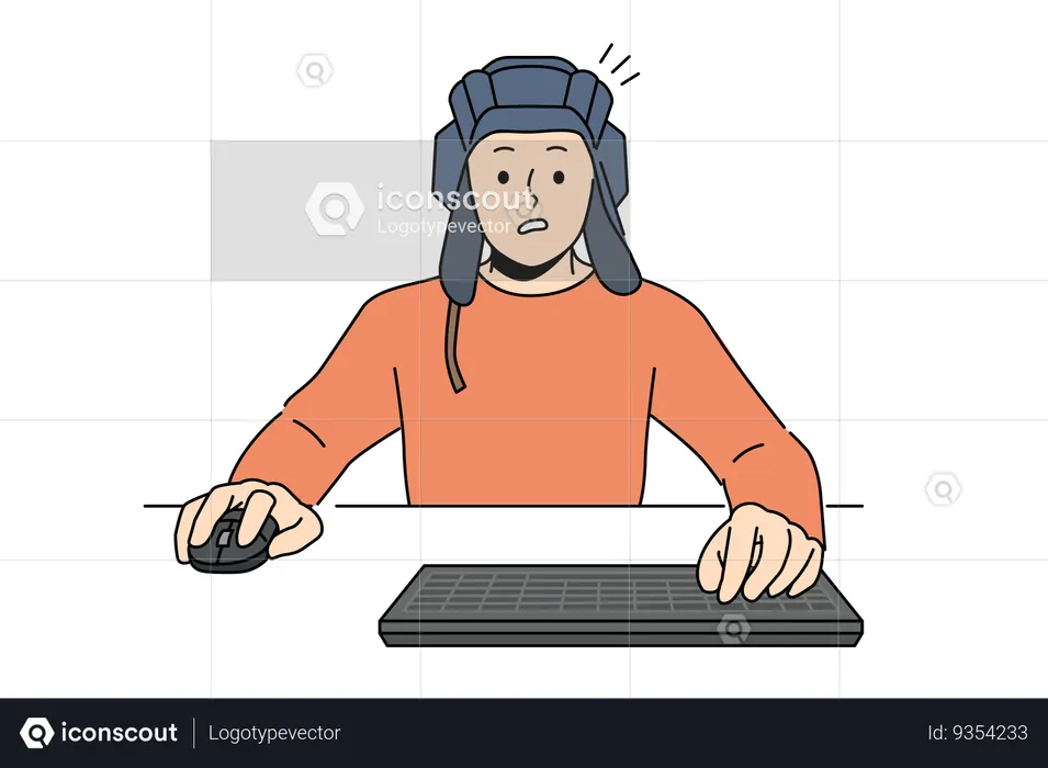 Man gamer plays tanks on computer and sitting at table with keyboard and wears tanker helmet  Illustration