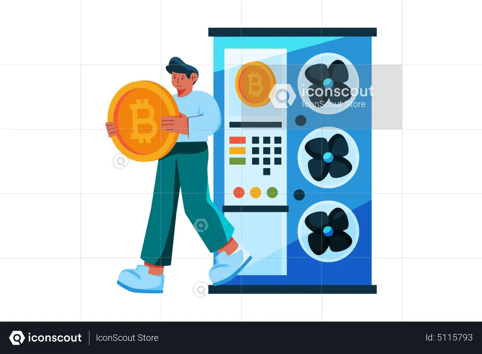 Man generating reward from bitcoin mining server  Illustration