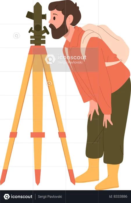 Man geologist character taking measures with theodolite  Illustration