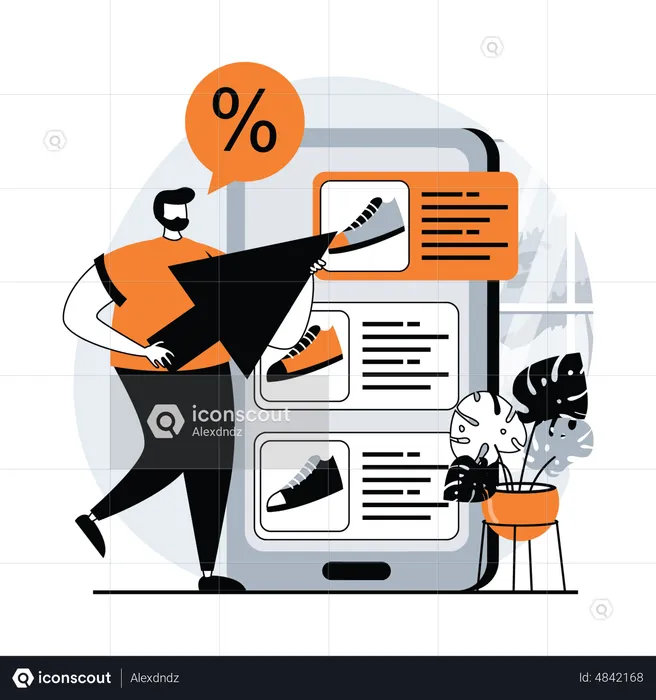 Man get discount on shoes in shopping app  Illustration