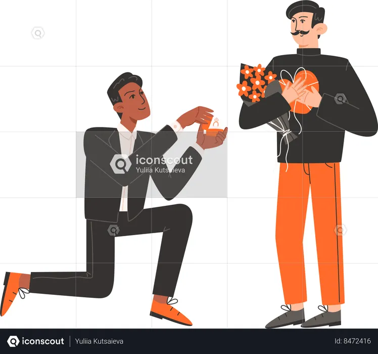 Man gets down on knee and proposes to man  Illustration