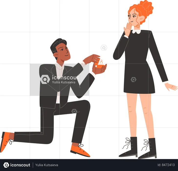 Man gets down on knee and proposes to woman  Illustration