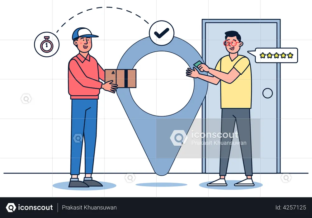 Man getting delivery and giving delivery ratings  Illustration