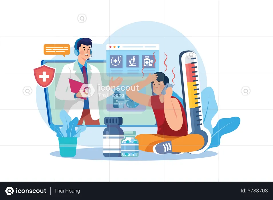 Man getting online health support  Illustration
