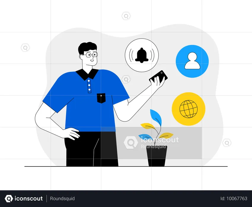 소셜 미디어 알림을 받는 남자  일러스트레이션