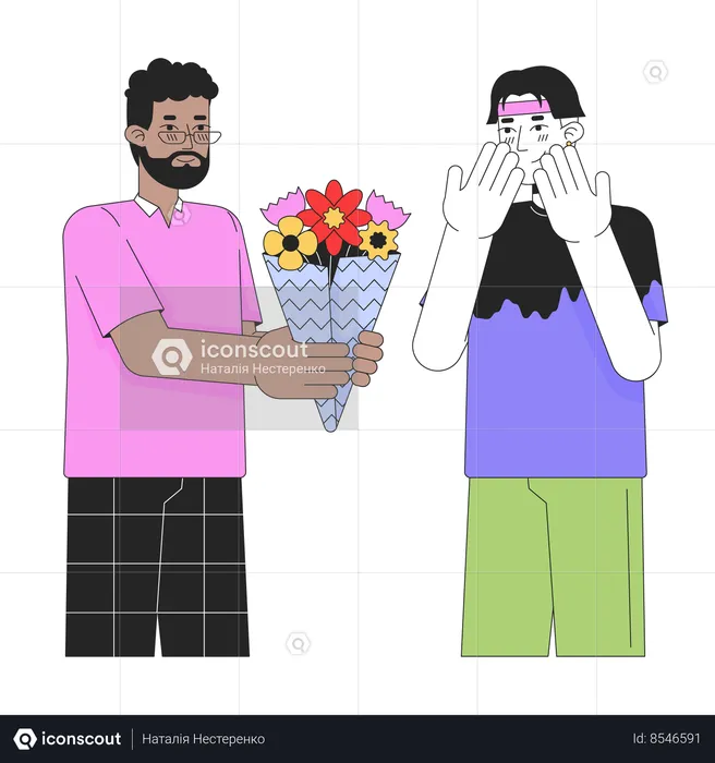 Man gifting flower bouquet to male lover male  Illustration
