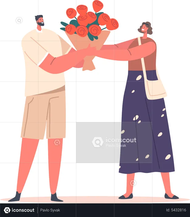 Man Gives bouquet to Happy Girlfriend  Illustration