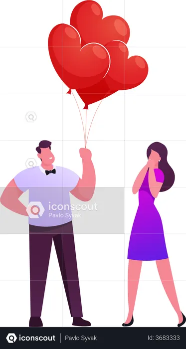 Man Gives Bunch of Balloons to Woman  Illustration