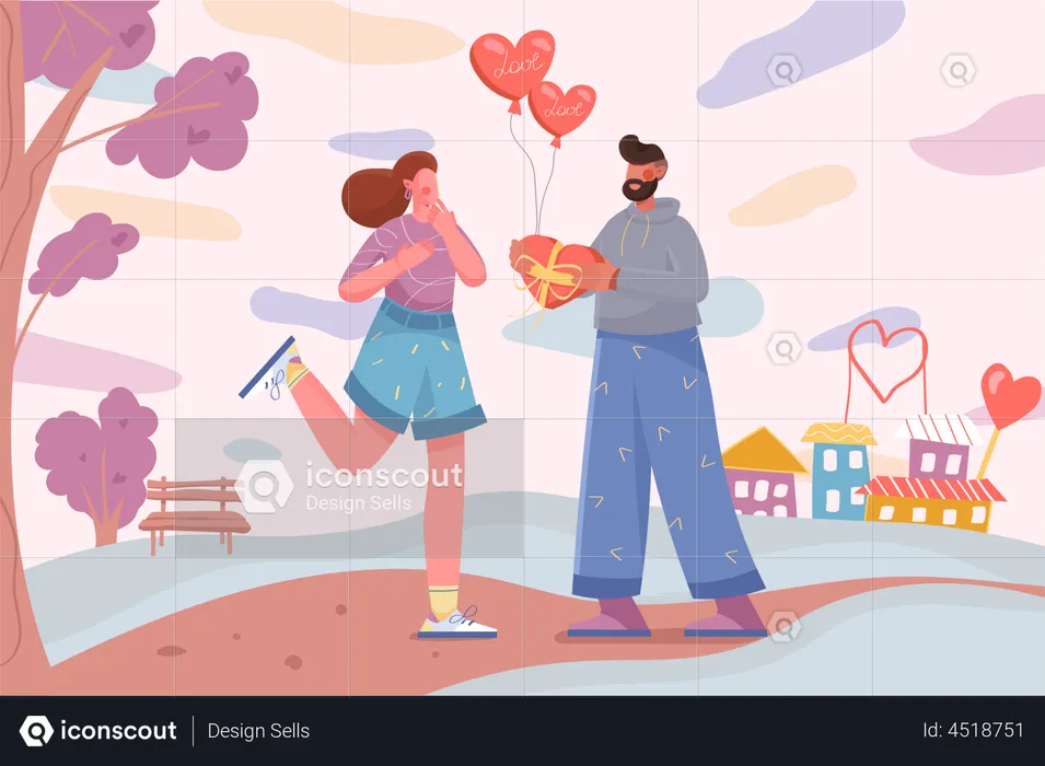 Man gives chocolate candy to woman on valentine day  Illustration