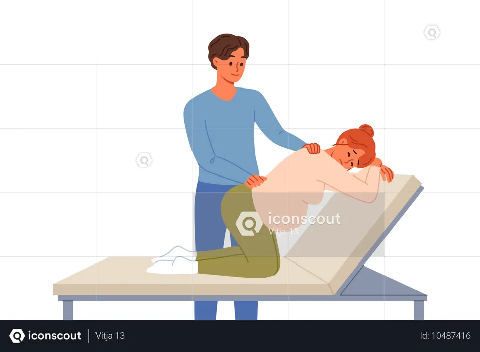 Man gives massage to pregnant woman kneeling on hospital bed waiting for labor to begin  Illustration