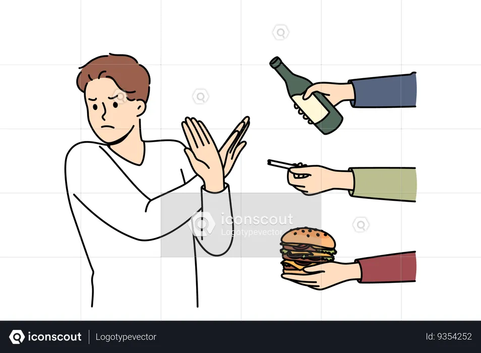 Man gives up bad habits and making forbidden gesture near hands with alcohol and cigarettes or fastfood  Illustration