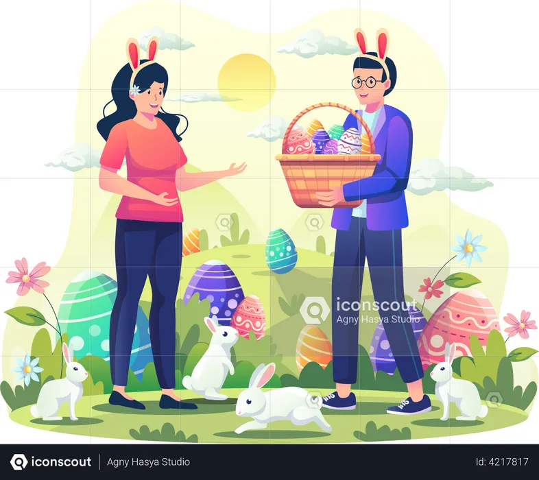 Man giving a basket full of decorated Easter eggs to woman  Illustration