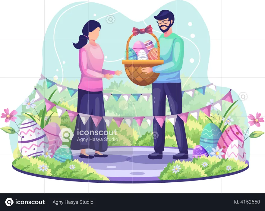 Man giving a basket full of Easter eggs to a girl  Illustration