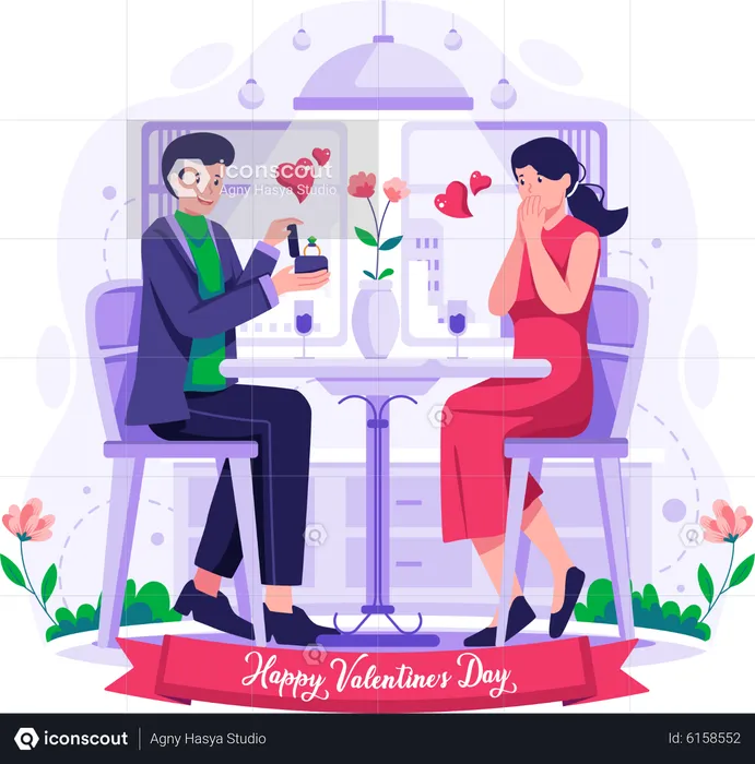 Man giving an engagement ring while proposing girlfriend  Illustration