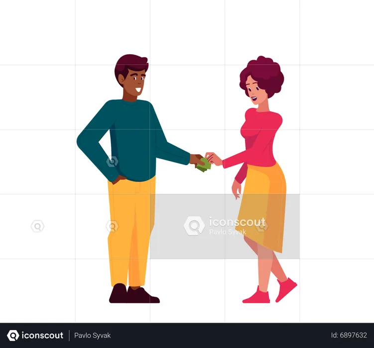 Man Giving Banknotes To Woman With Stretched Hand  Illustration