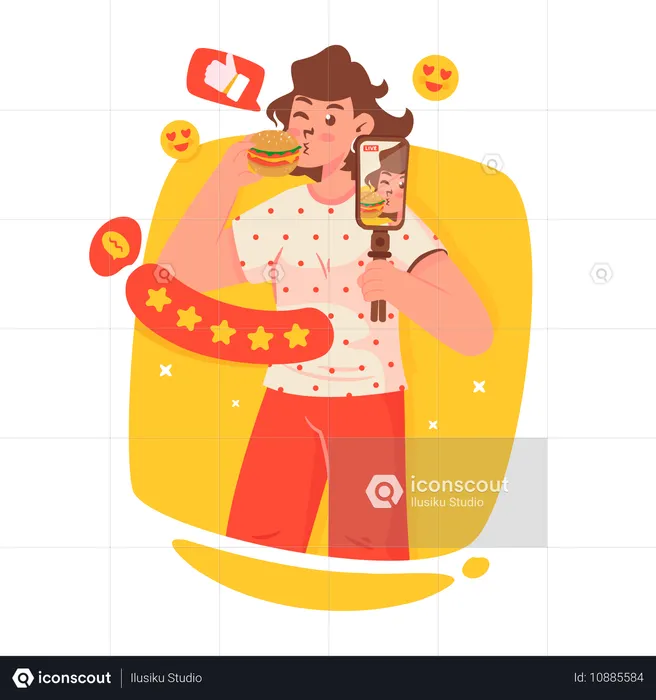 Man giving Burger eating review  Illustration