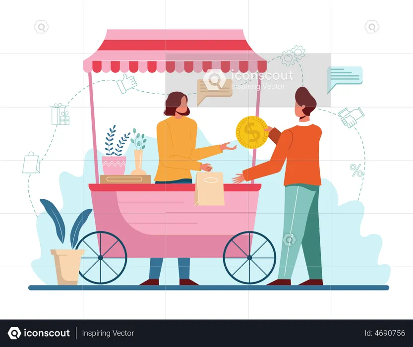 Man giving cash payment to stall seller  Illustration