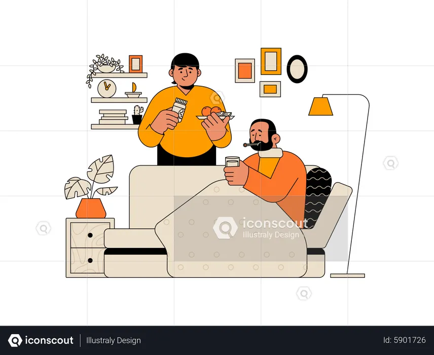Man giving company to dad while sick  Illustration