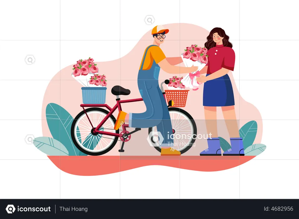 Man Giving flowers bouquet on cycle  Illustration