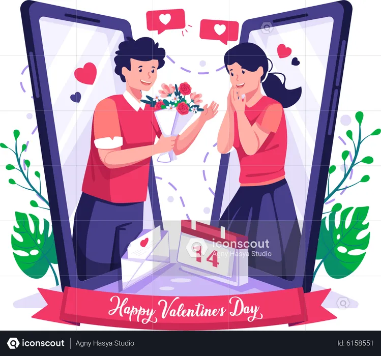Man giving gift to her girlfriend online  Illustration