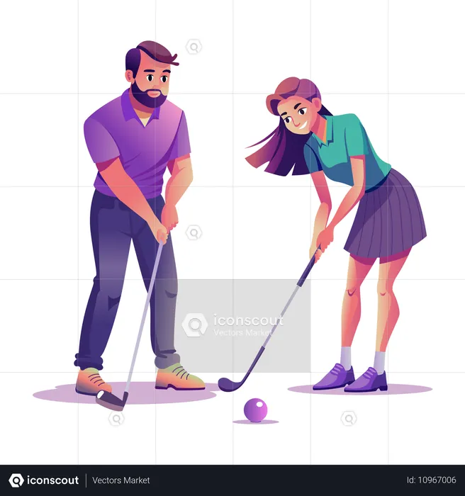 Man giving golf lesson to woman  Illustration