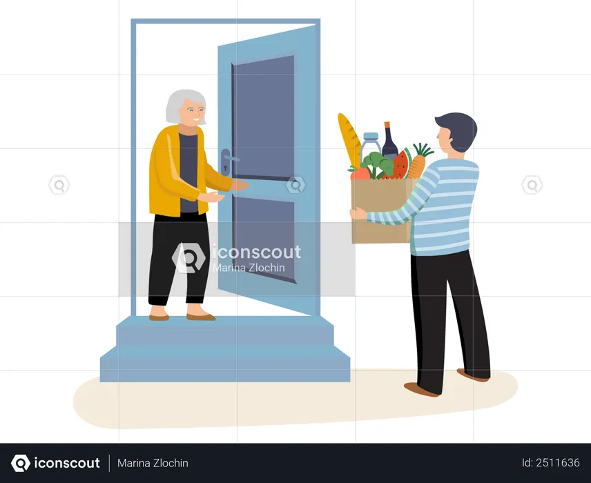 Man giving groceries to old woman  Illustration