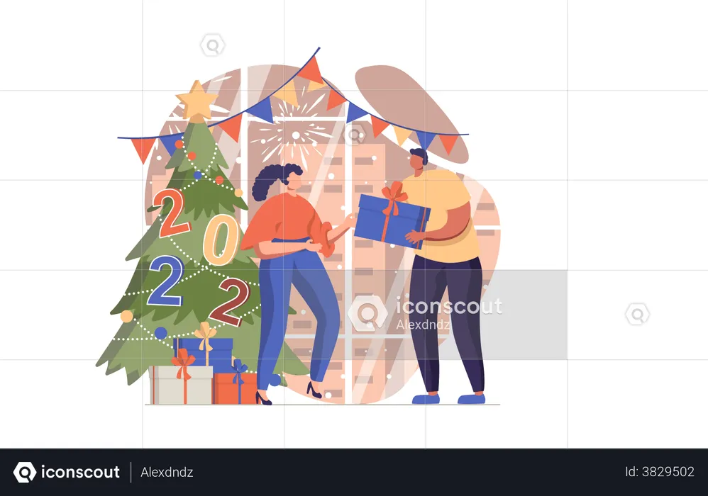 Man Giving New Year Gifts To Girl  Illustration