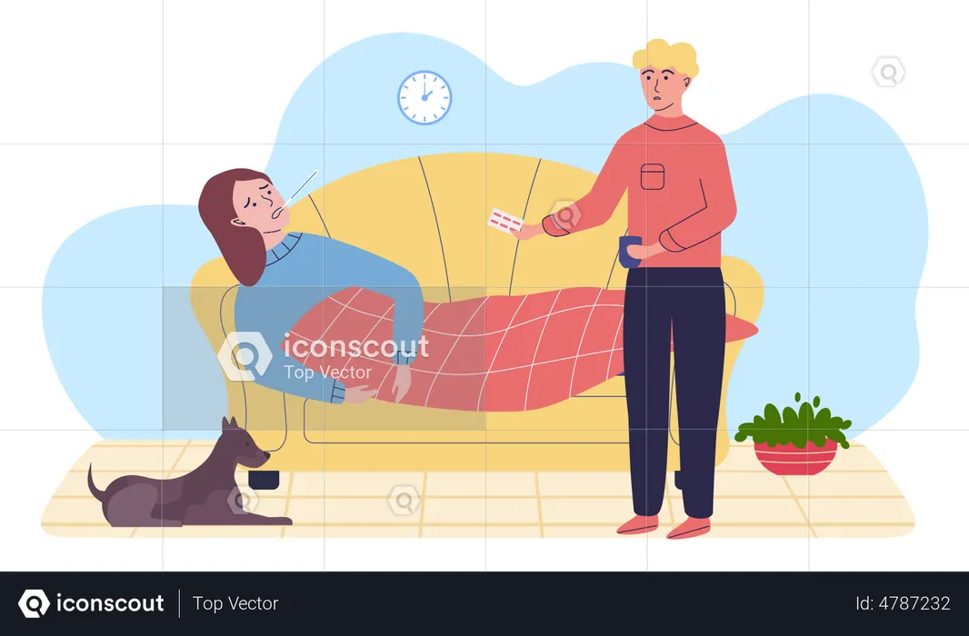 Man giving pills to sick woman and checking temperature  Illustration