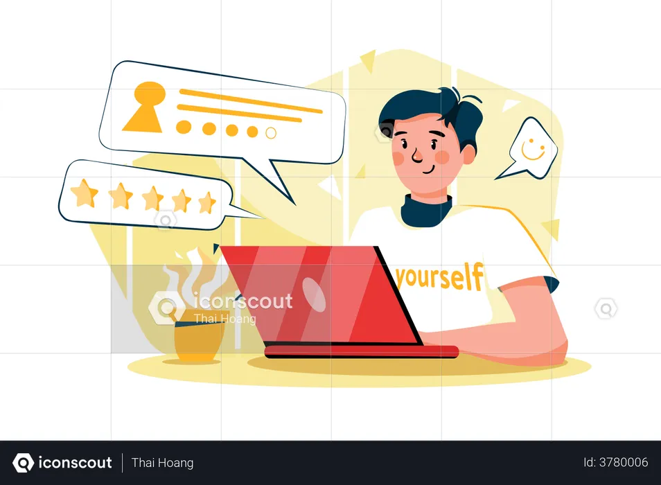 Man giving product reviews on his laptop  Illustration