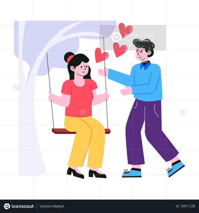 Man giving push to girlfriend sitting on tree swing  Illustration