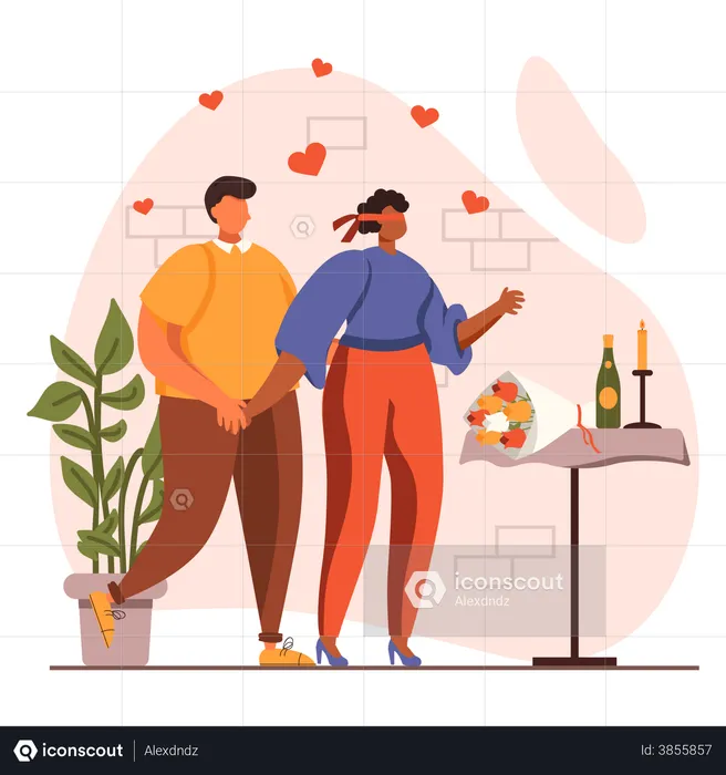 Man giving valentine surprise to his girlfriend  Illustration